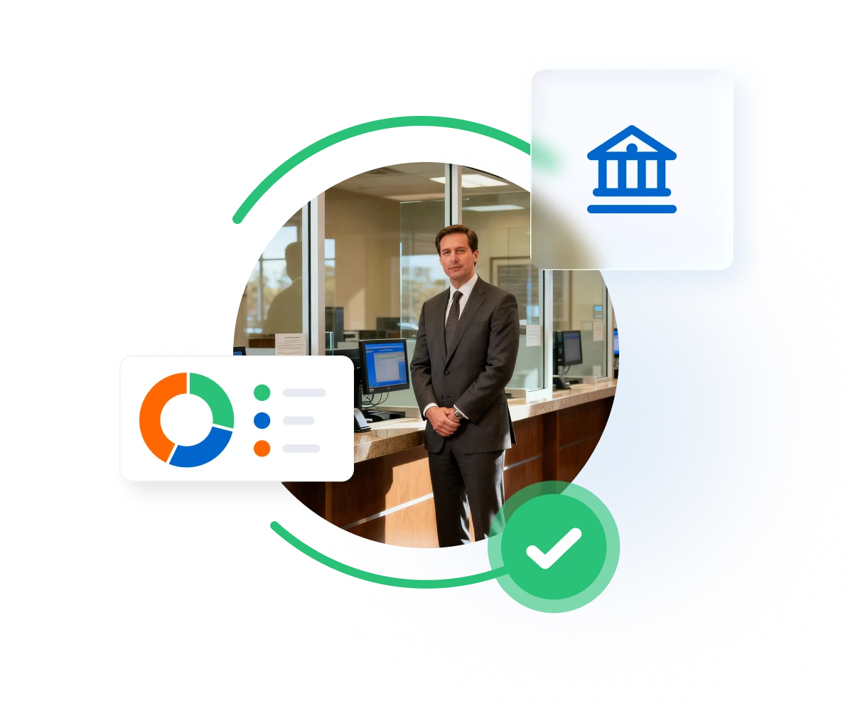 Businessman in bank office with financial chart, bank building icon, and checkmark symbol representing banking services
