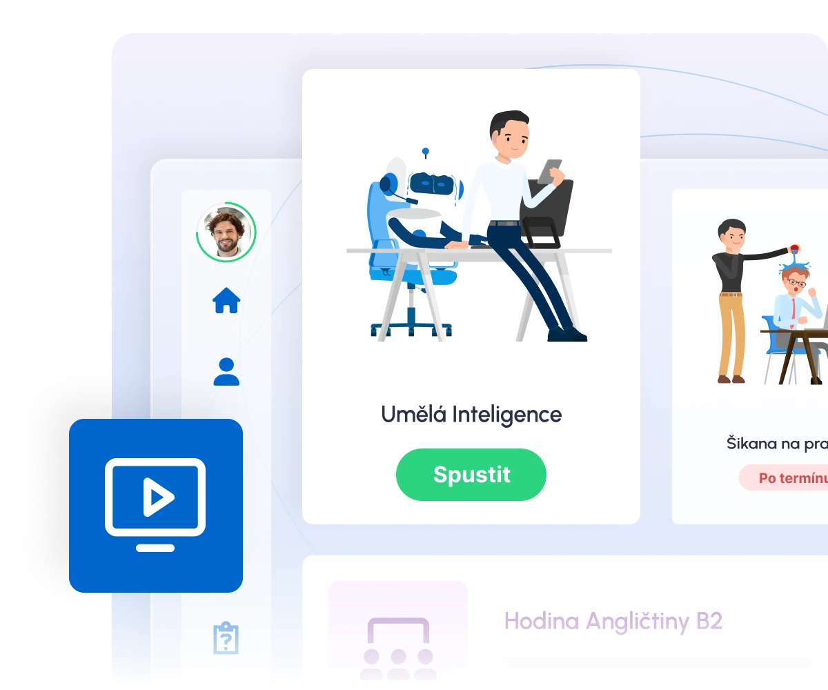 Online education platform interface showing course cards with illustrated people learning, including Umělá Inteligence course with start button and video learning option