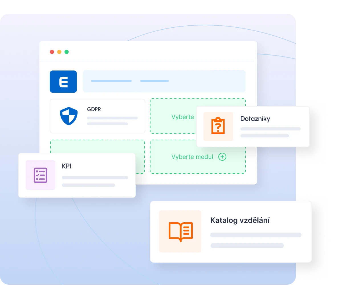 Browser window displaying modular project interface with GDPR shield, KPI chart, Vyberte selection panel, Dotazníky questionnaire module, and Katalog vzdělání education catalog