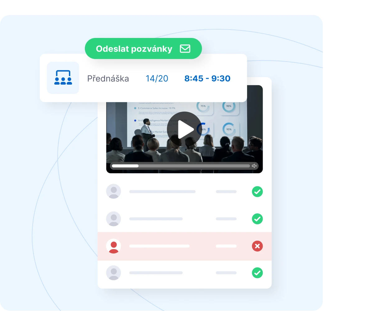 Lecture interface with a video preview, time 8:45–9:30, attendee statuses and a button for sending invitations.