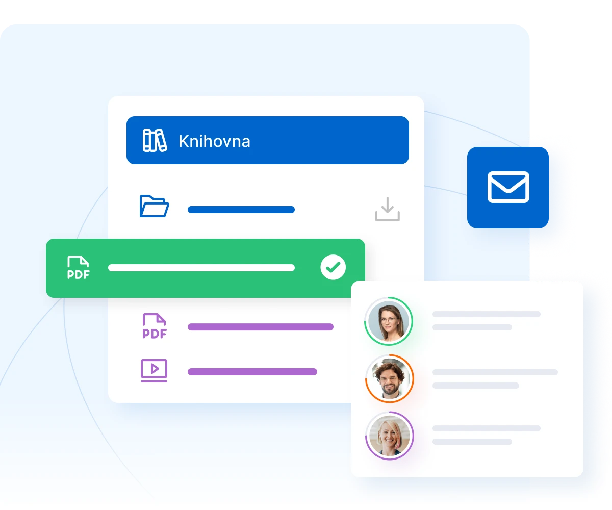 Knihovna interface showing file management with PDF documents, video file, user profiles, and email notification icon