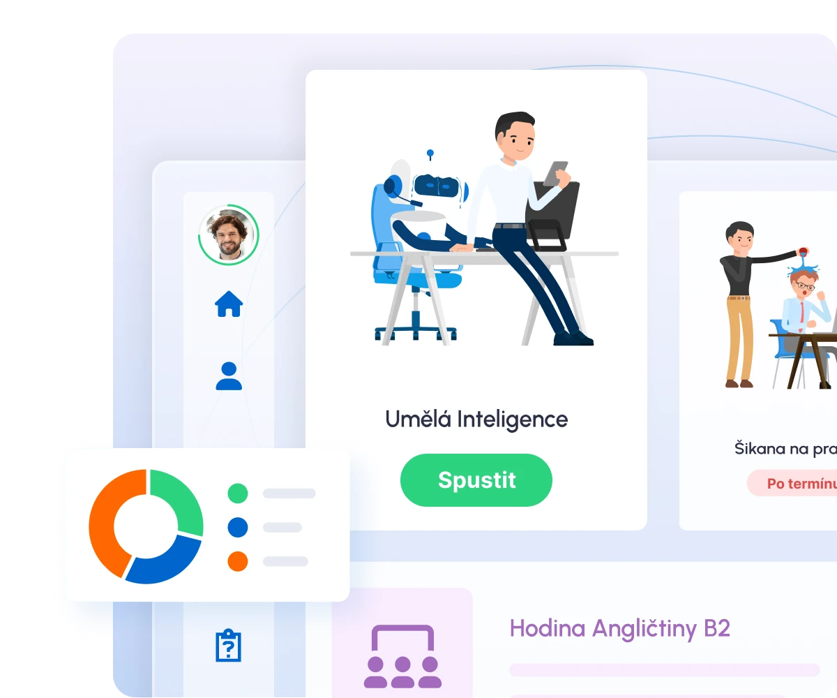 Course cards in an educational platform, including artificial intelligence illustrated by a man and a robot, with user profiles and navigation icons.