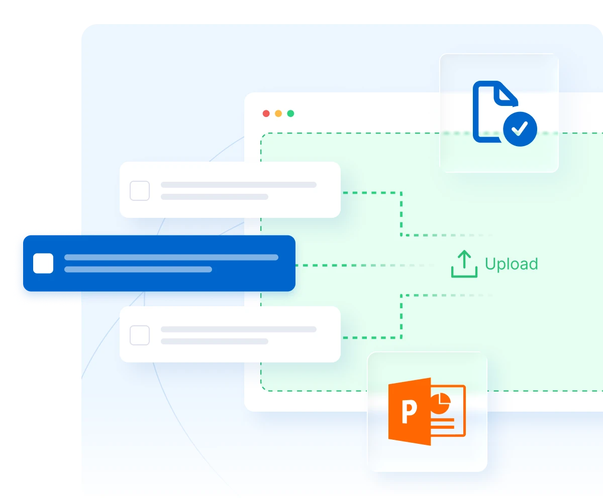 Illustration showing file upload interface with document windows, checkmark icon, upload button, and Microsoft PowerPoint logo on light blue and green background