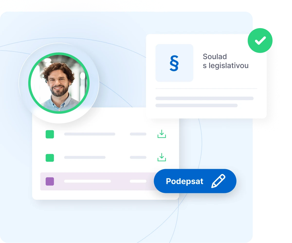 User profile with a photo, a green checkmark, download icons and a section labeled “Soulad s legislativou” (compliance with legislation).