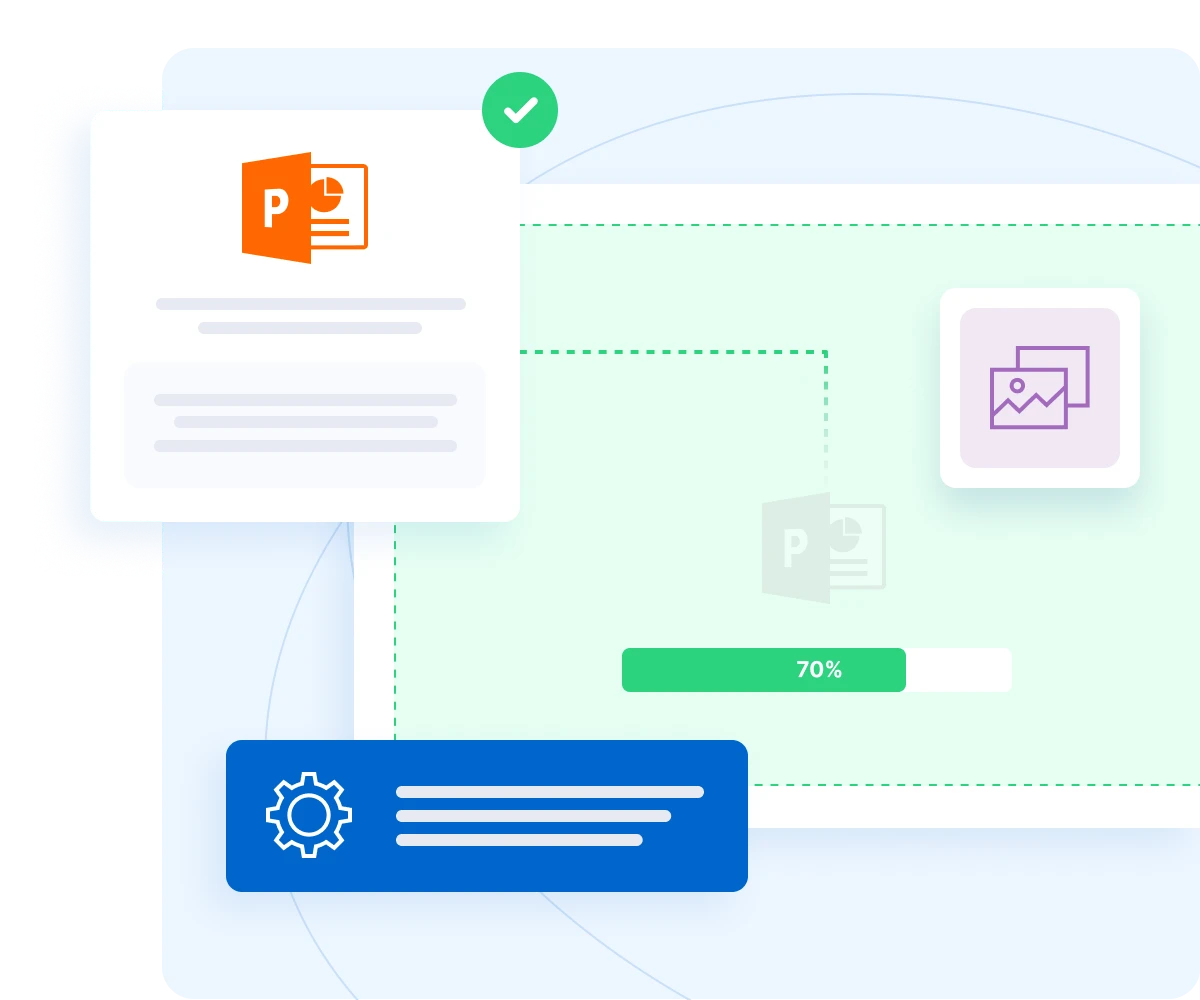 Interface showing course creation workflow with Microsoft PowerPoint icon, settings panel, image upload option, progress bar at 70%, and checkmark confirmation