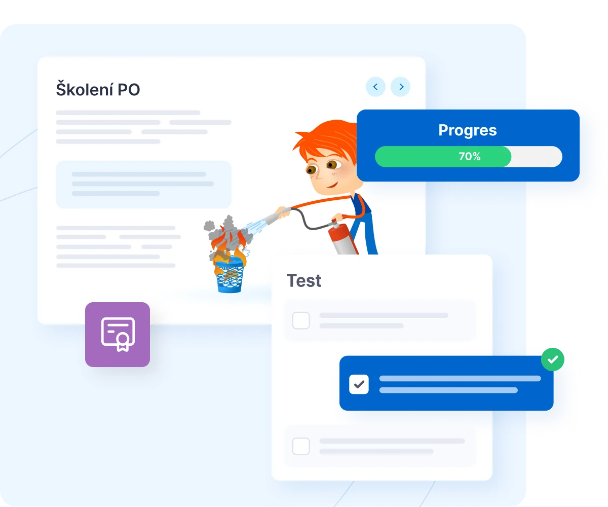 Cartoon character with orange hair spraying water into a basket, showing course progress at 70% and a test section with checkboxes below