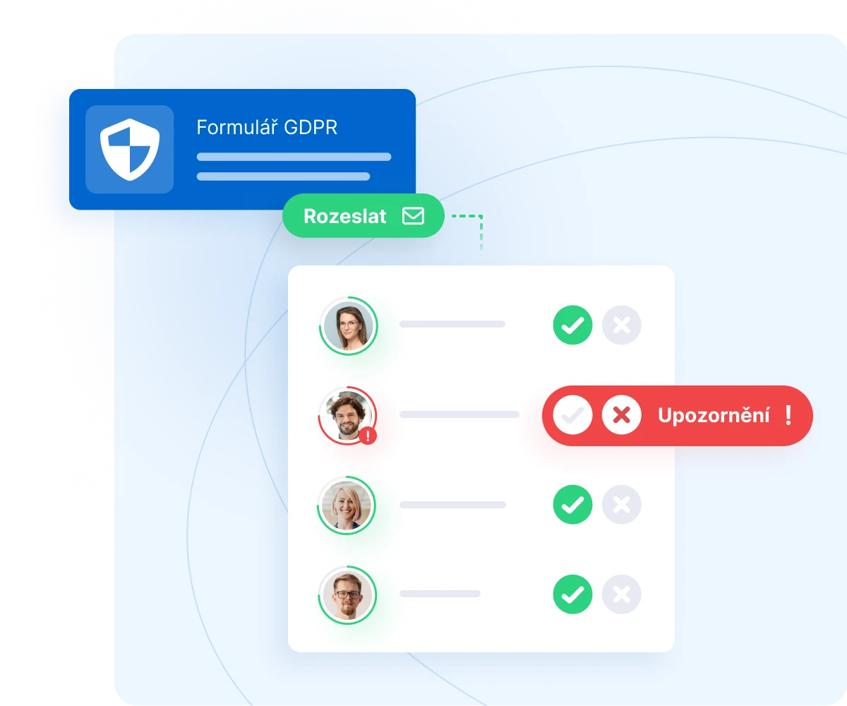 GDPR form with email send button and user list showing approval status and warning notification