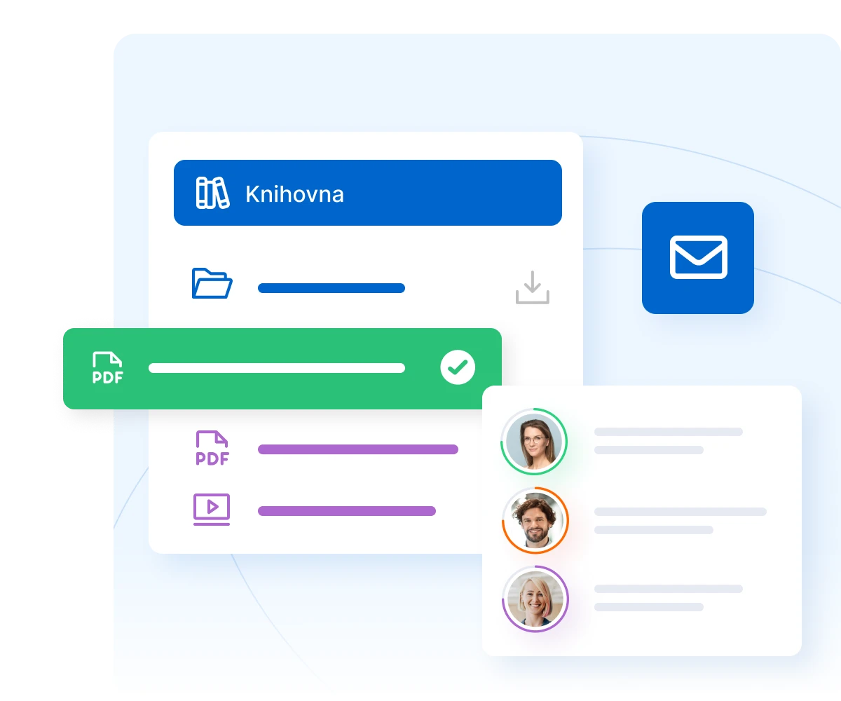 Knihovna interface showing file management with folder, PDF documents, video file, user profiles, and email icon on blue background