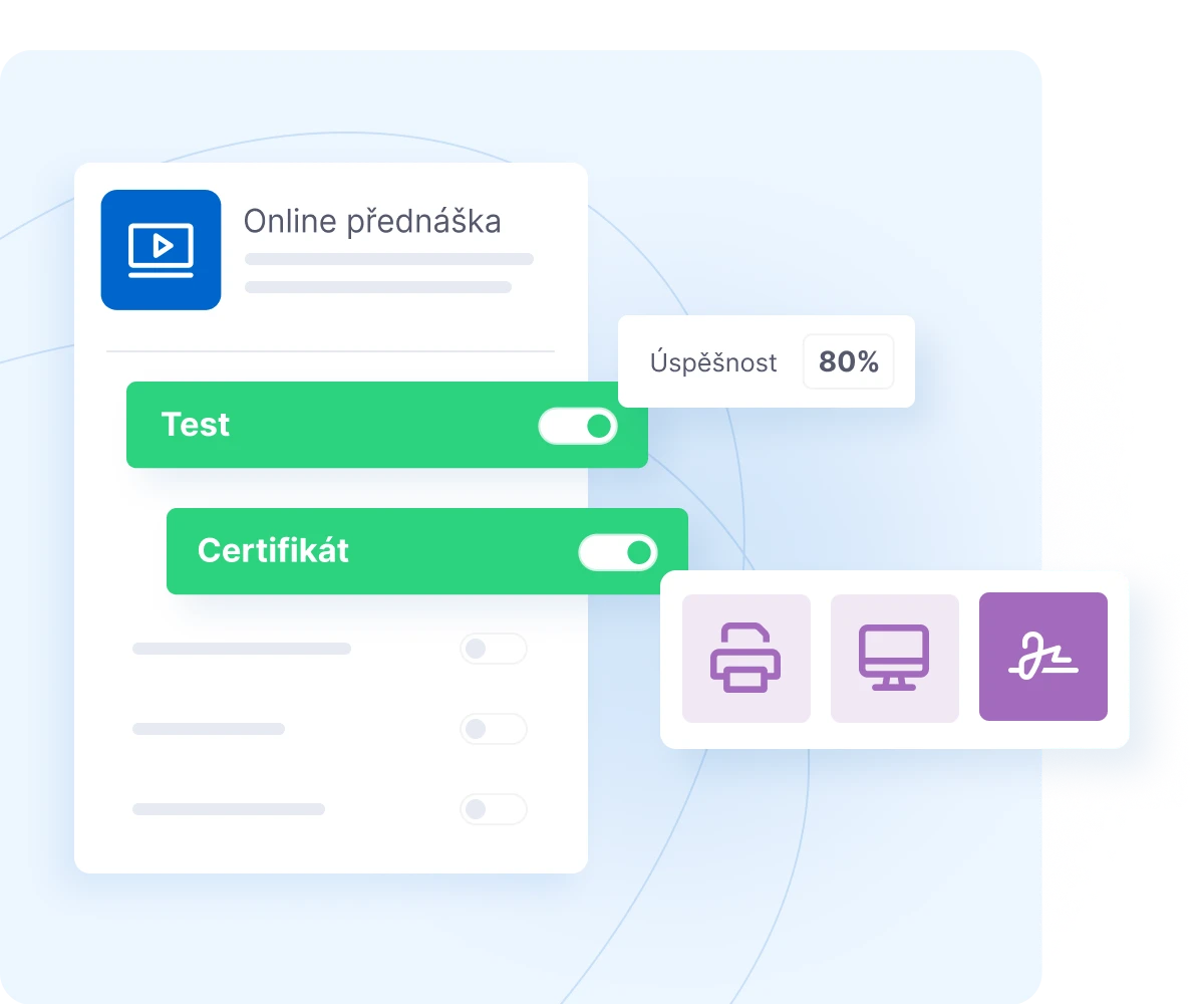 Online lecture interface showing test and certificate toggles with 80% success rate and feature icons for printing, display, and sharing