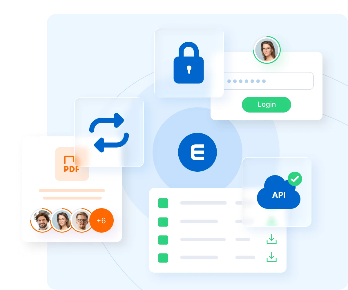 Illustration of flexible options with a login form, user profile, blue lock icon and shared PDF documents with multiple user avatars.