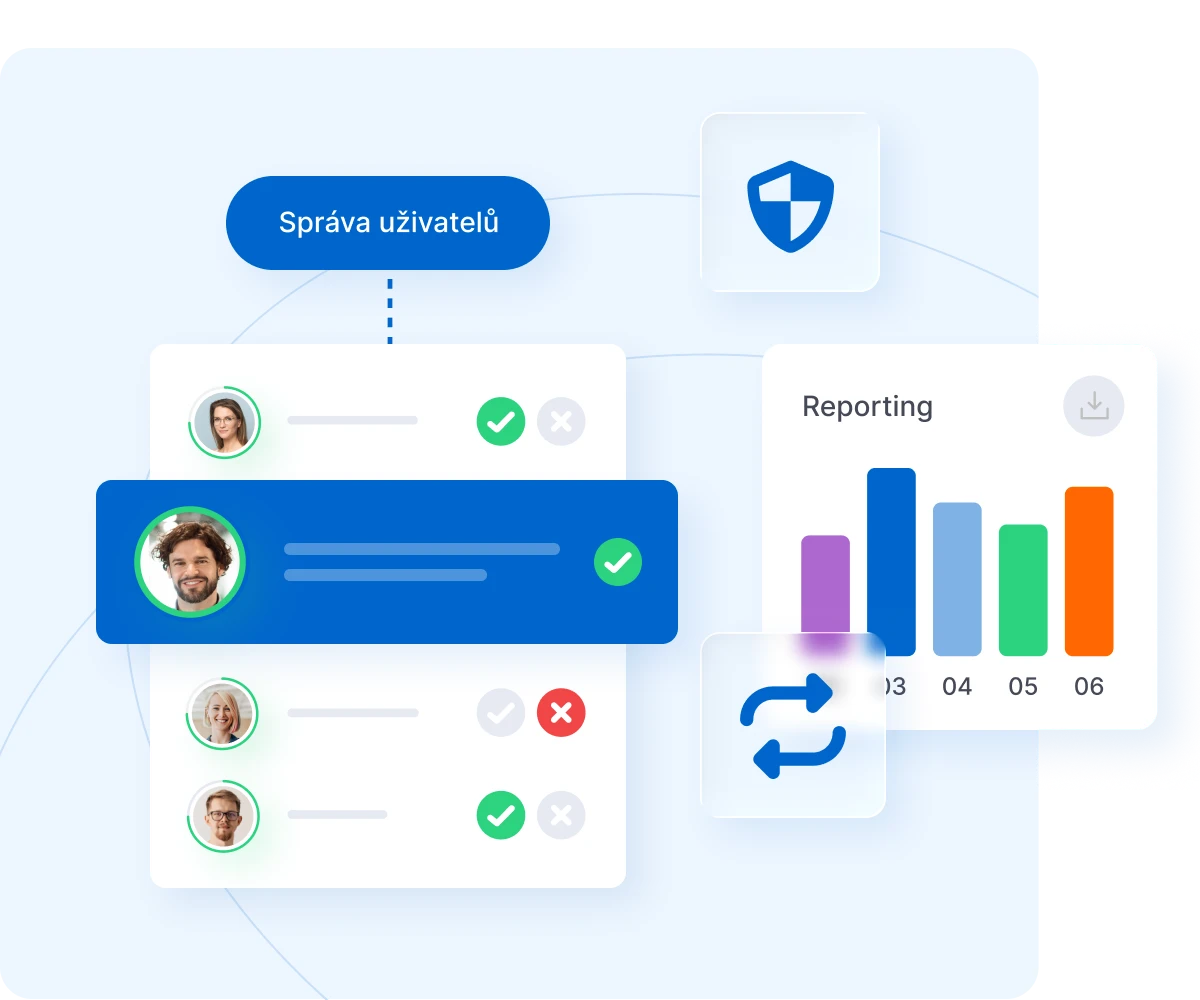 User management interface showing approval workflow with profile photos, checkmarks, and reporting dashboard with colored bar chart