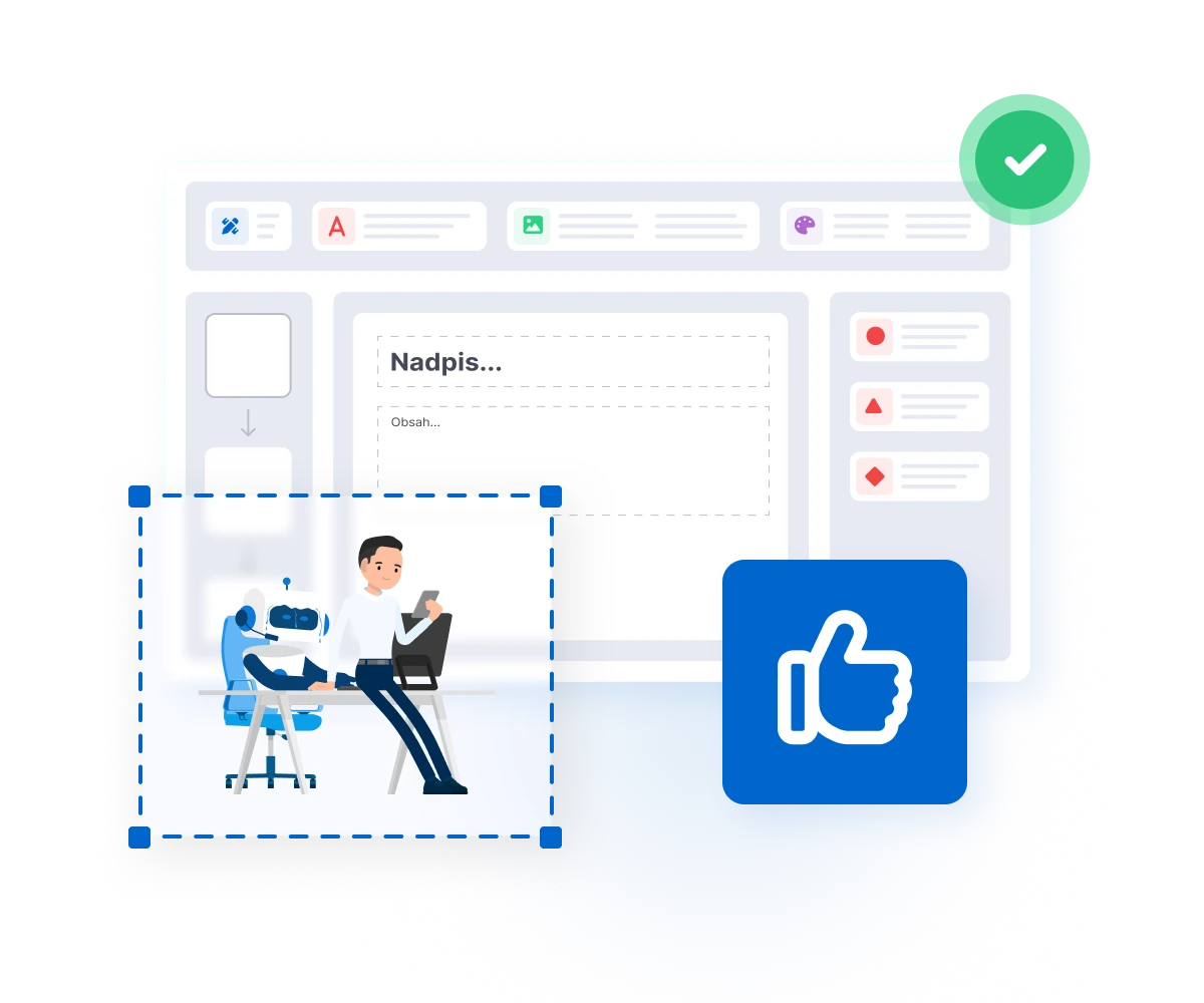 Custom course editor with a man and a robot, fields labeled “Nadpis” and “Obsah”, category icons and a thumbs-up icon.