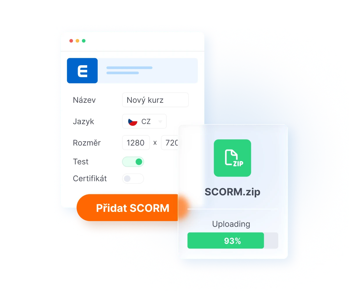 Course creation interface showing form fields for name, language set to Czech, resolution 1280x720, with test and certificate toggles, alongside a SCORM.zip file uploading at 93%