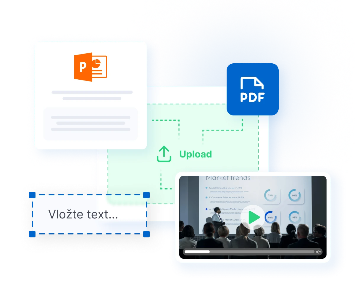 Illustration showing a presentation creation workflow with PowerPoint icon, upload area, PDF export icon, and a video preview of a market trends presentation