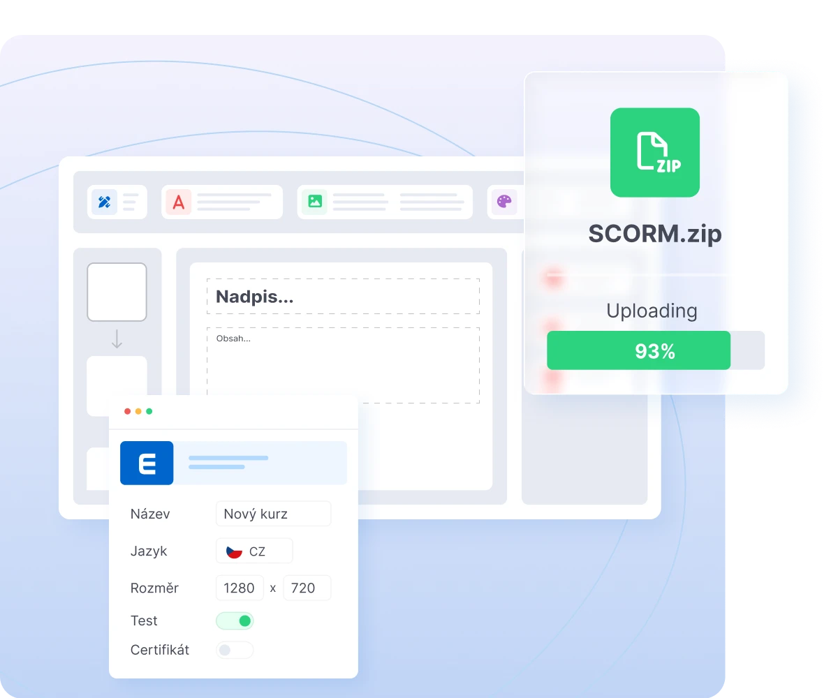 SCORM.zip file uploading at 93% progress with course content editor interface in background