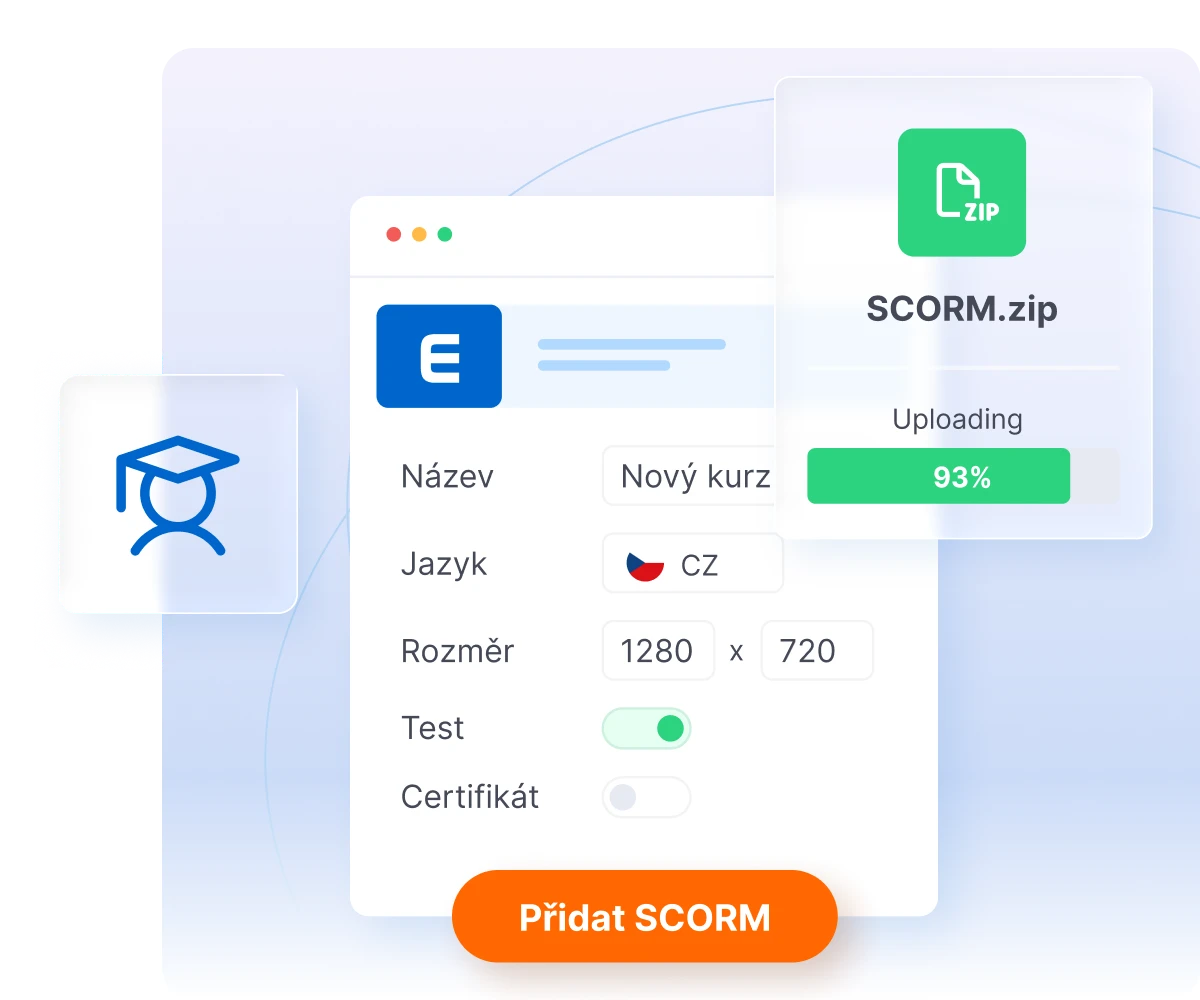 Course creation interface showing a form with fields for course name, language set to Czech, resolution 1280x720, with test and certificate toggles enabled, uploading a SCORM.zip