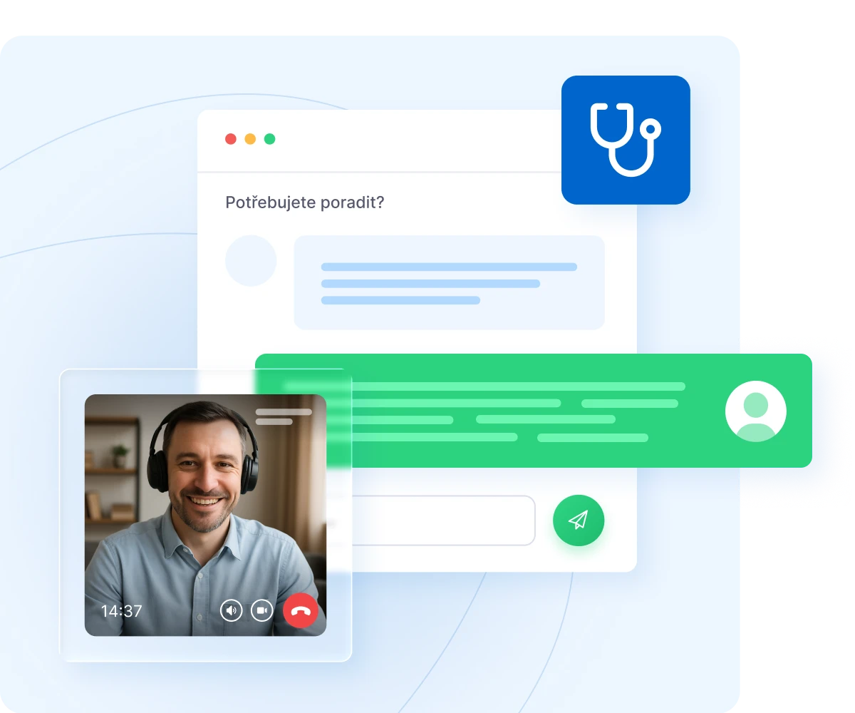 Man wearing headphones on video call with stethoscope icon and chat interface showing medical consultation