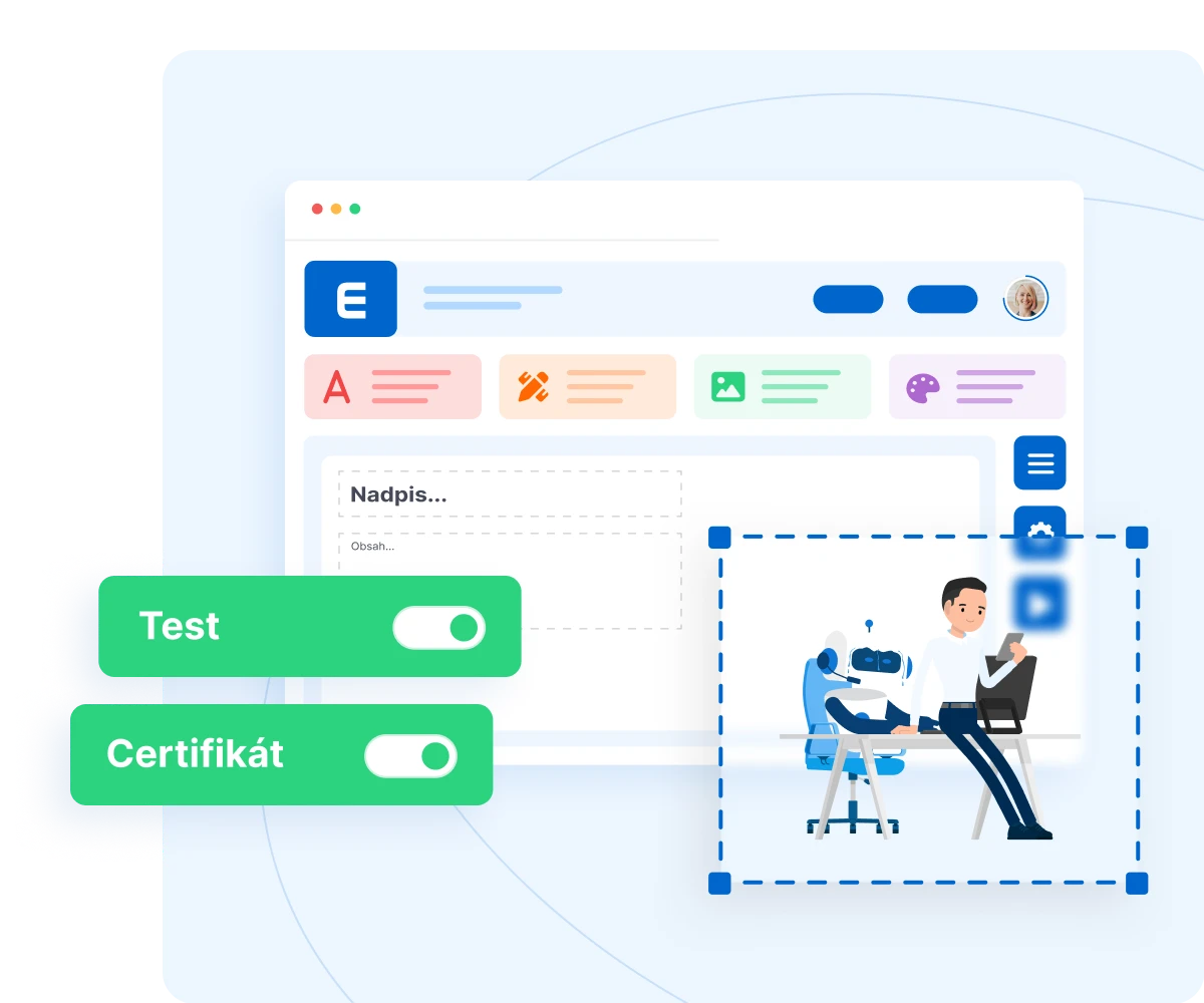 Course builder with text, image, gallery and design modules, test and certificate toggles, and an illustration of a man and a robot.