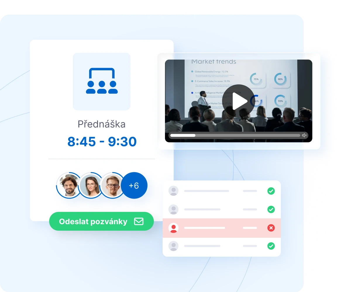 Rozhraní vzdělávacího webináře s přednáškou od 8:45 do 9:30, seznamem účastníků a videem prezentace trendů na trhu