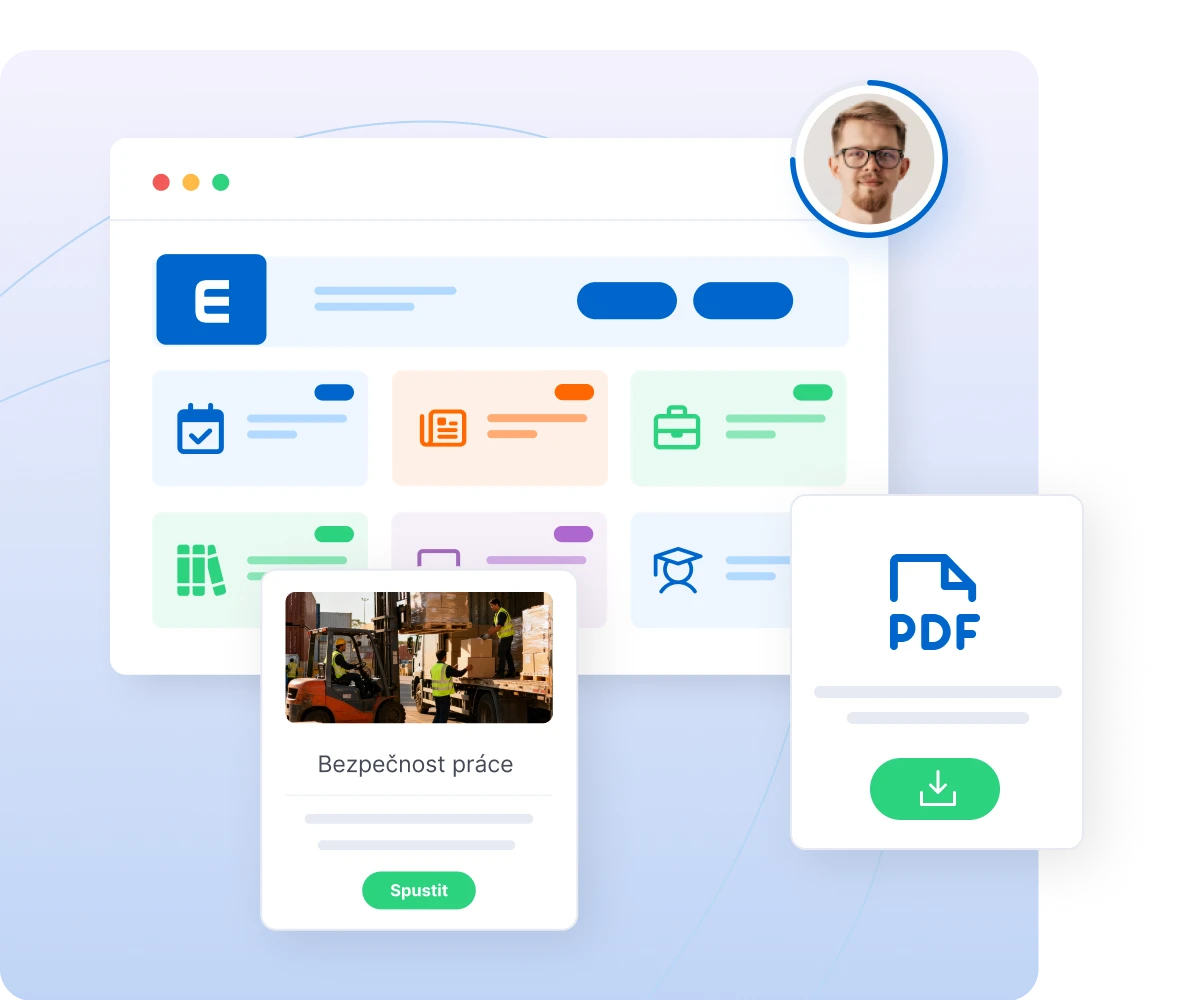 Knowledge base interface showing document management tools with calendar, checklist, presentation, briefcase, and library icons, plus a PDF download option and user profile