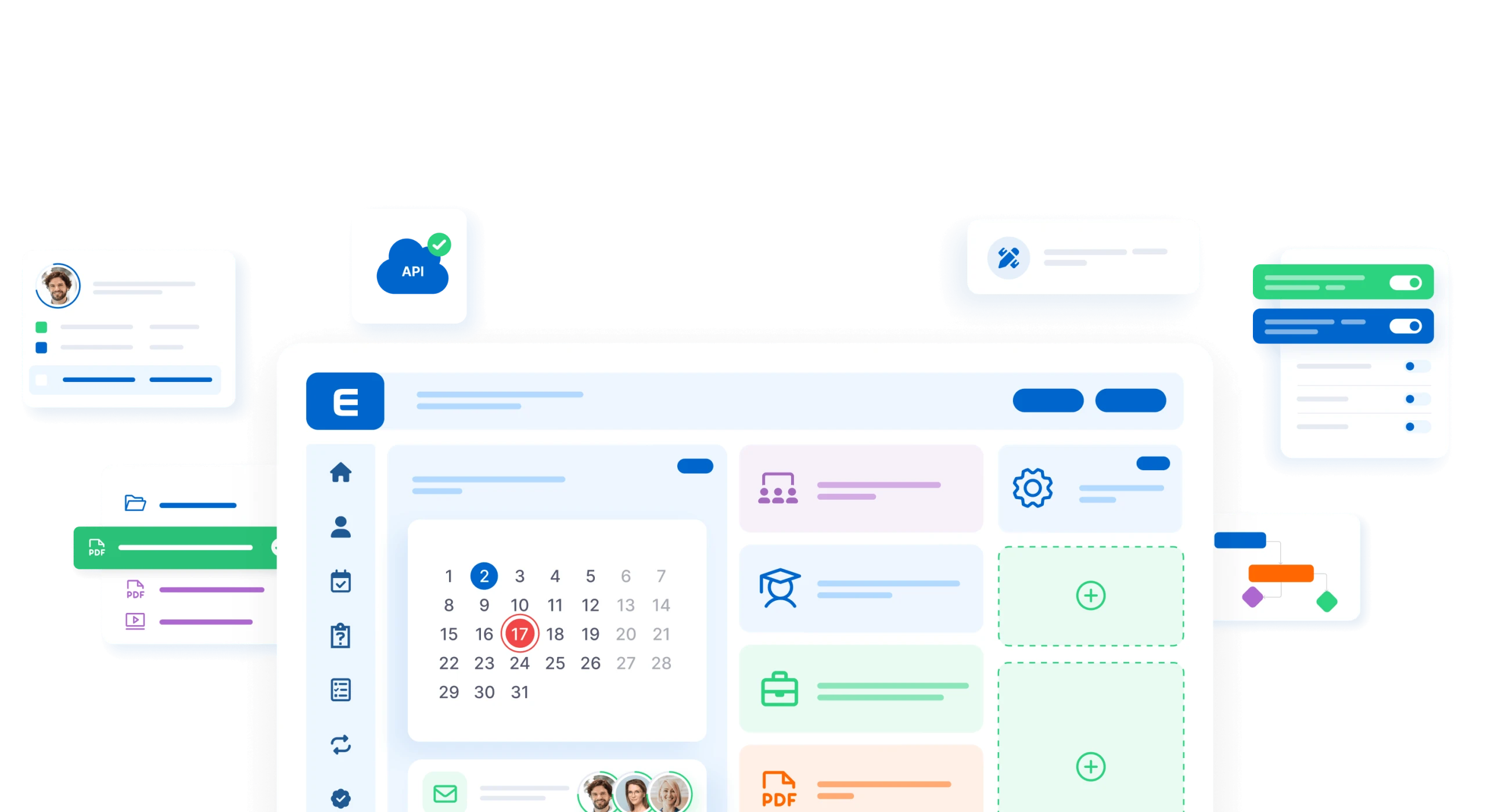 Dashboard interface showing user profile, API integration, calendar scheduling, team collaboration features, and document management tools with green and blue accent colors