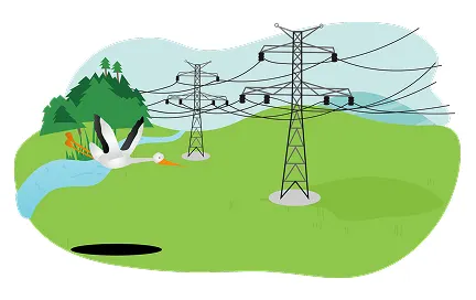 Krajina se zelenými kopci, stromem, řekou a elektrickými vedeními na vysokých věžích