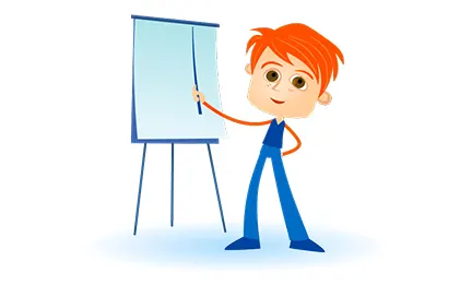 Chlapec s oranžovými vlasy v modrém obleku ukazuje na flipchart během prezentace