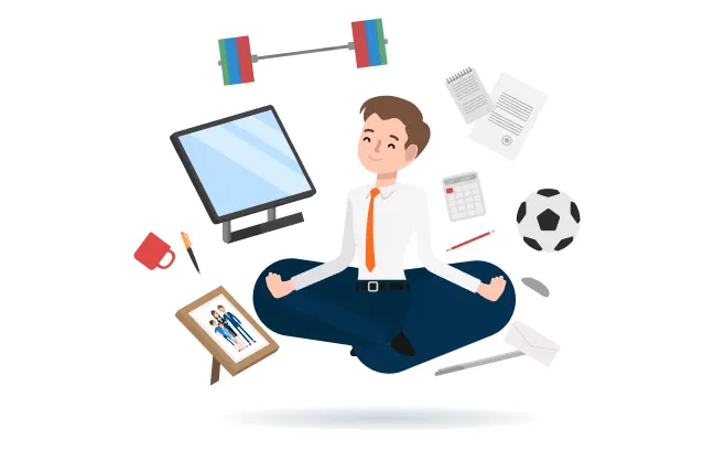 Muž v obchodním oblečení sedí v meditační pozici obklopený symboly práce a sportu včetně počítače, činky, fotbalu a dokumentů